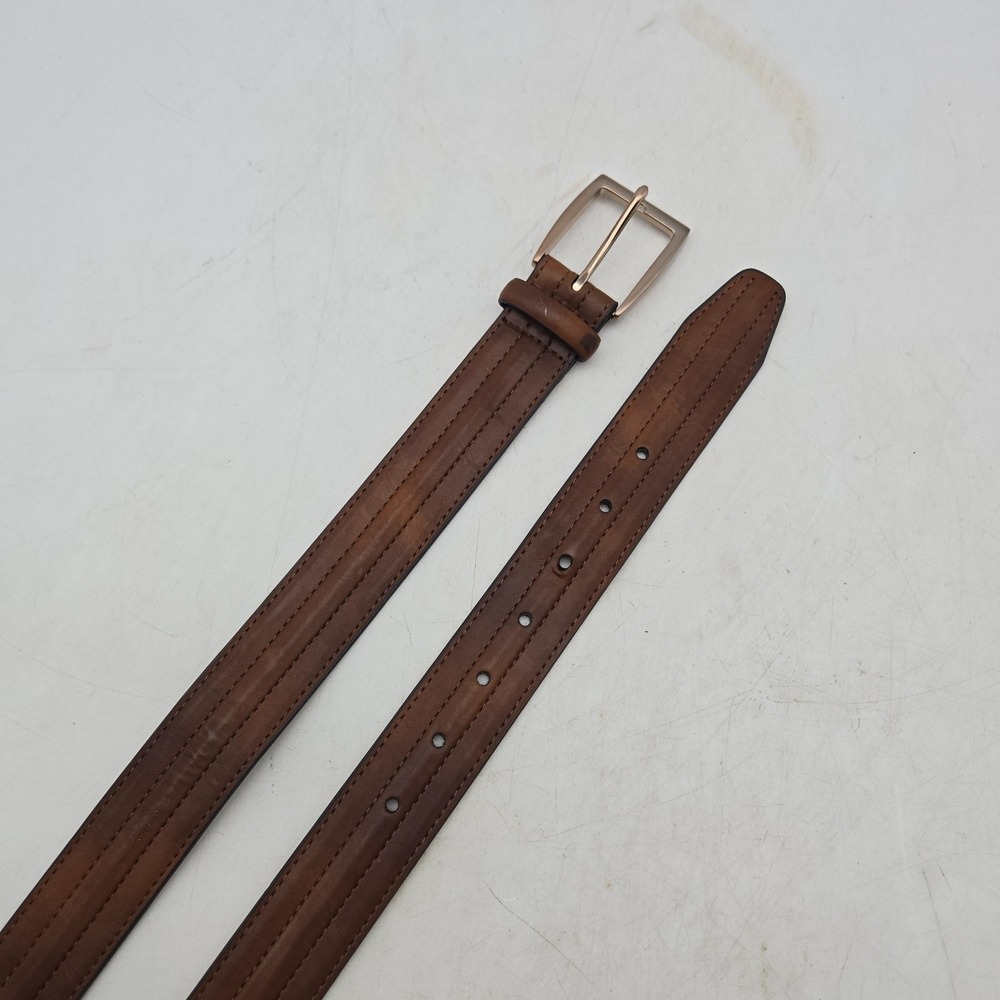 Structure Belt Brown Syn Leather Dress Stitched Mens 36 Copper Tone Buckle NWOT